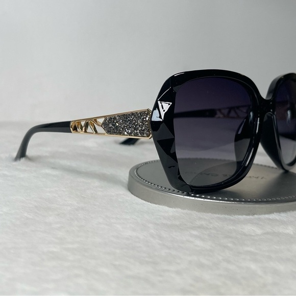 Black & Gold Oversized Square Sunglasses Polarized Tinted w Crystal Frames Nwt - Picture 6 of 12